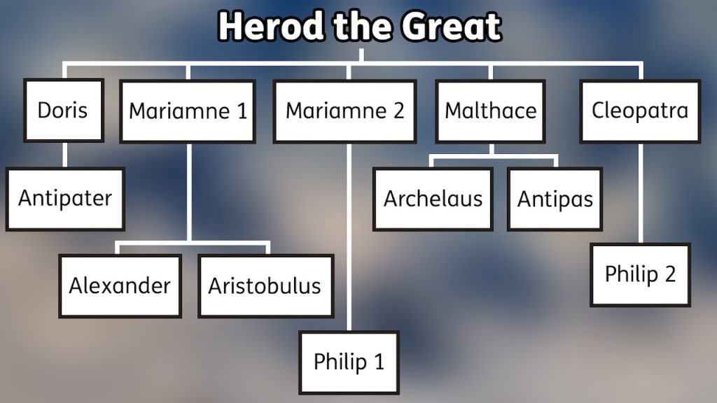 A family tree of Herod the Great with five wives listed underneath, and their sons underneath them.