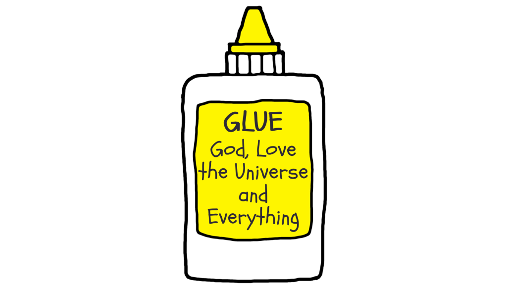 The GLUE course logo. A Glue bottle with the words GLUE, God, Love, the Universe, and Everything written on it.