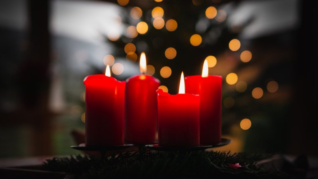 Four lit advent candles in front of an illuminated Christmas tree.