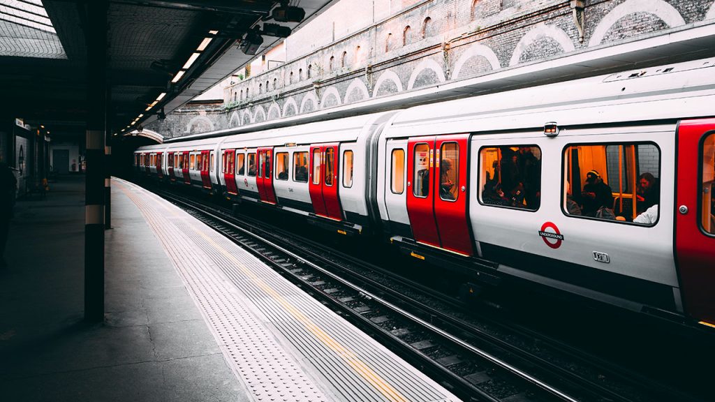 A tube train at a London station.