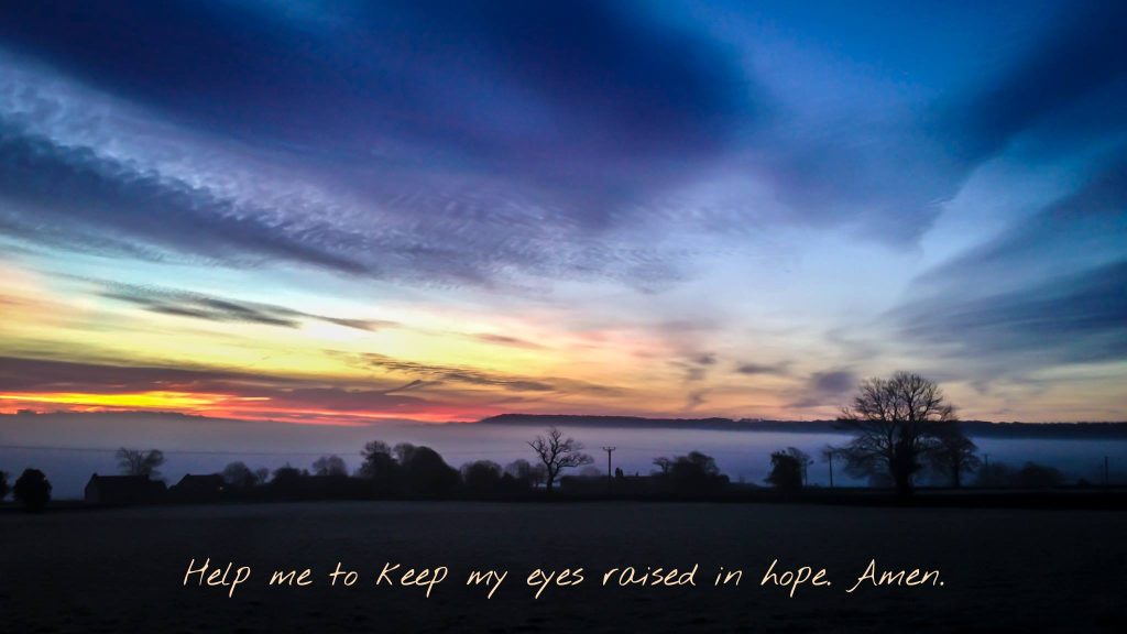 A silhouette of English fields at sunset.