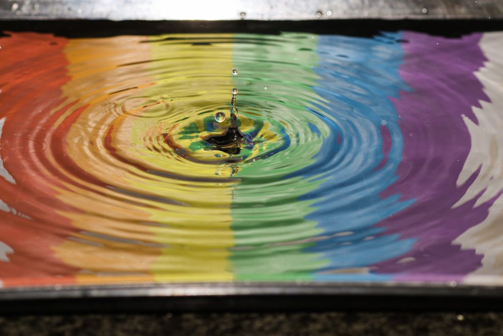 A close up of a droplet of water with a rainbow flag reflected in the water.