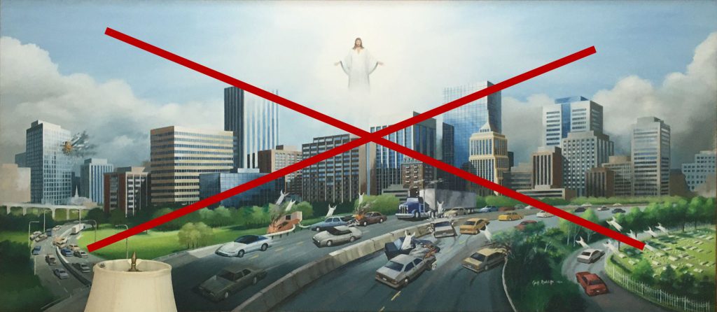 A horrendous oil painting of the rapture with Jesus hovering over a cityscape with airplanes and cars crashing. A big red cross has been painted across the lot.