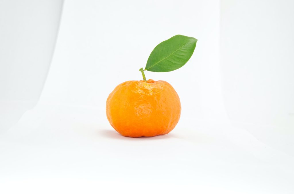 A tangerine with a single green leaf.