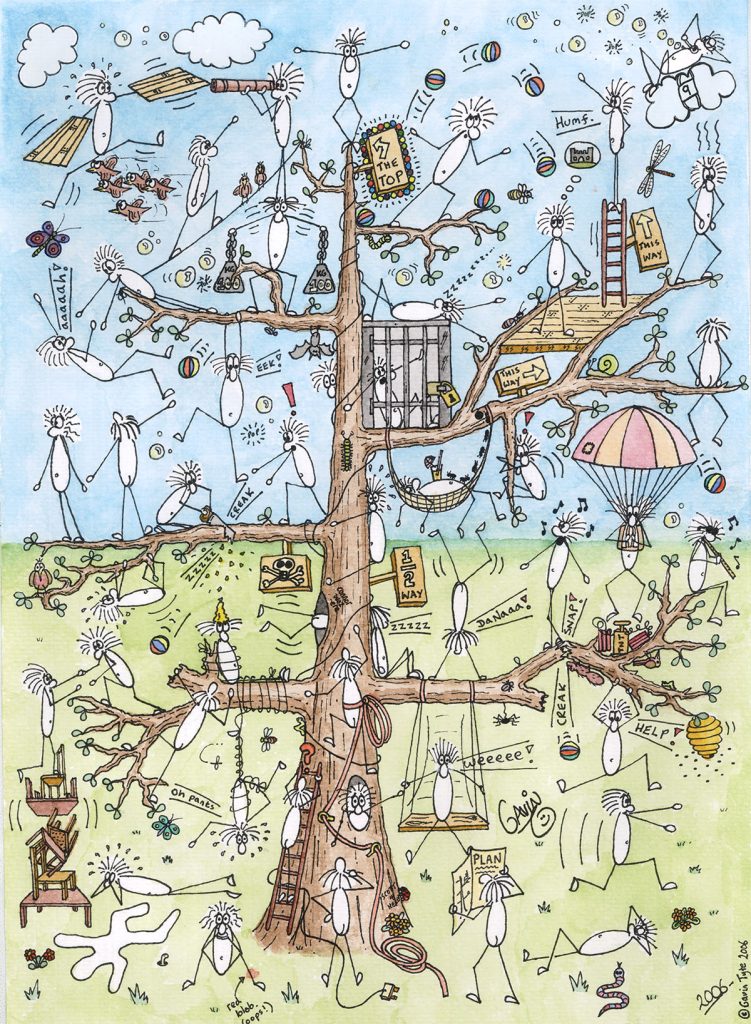 A feelngs tree with little people all over it in different positions and doing different things.