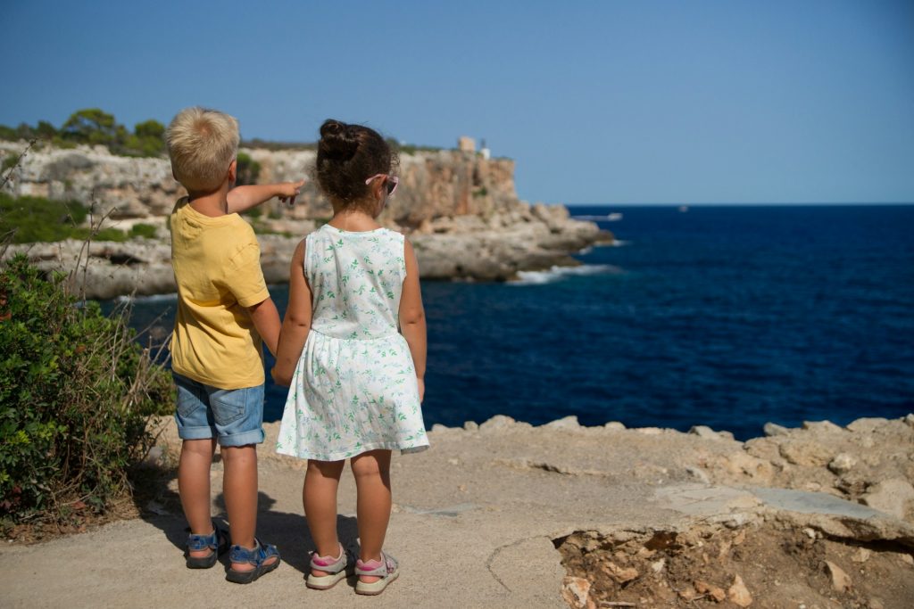 Two small children holding hands, looking over the edge of a cliff towards the sea.