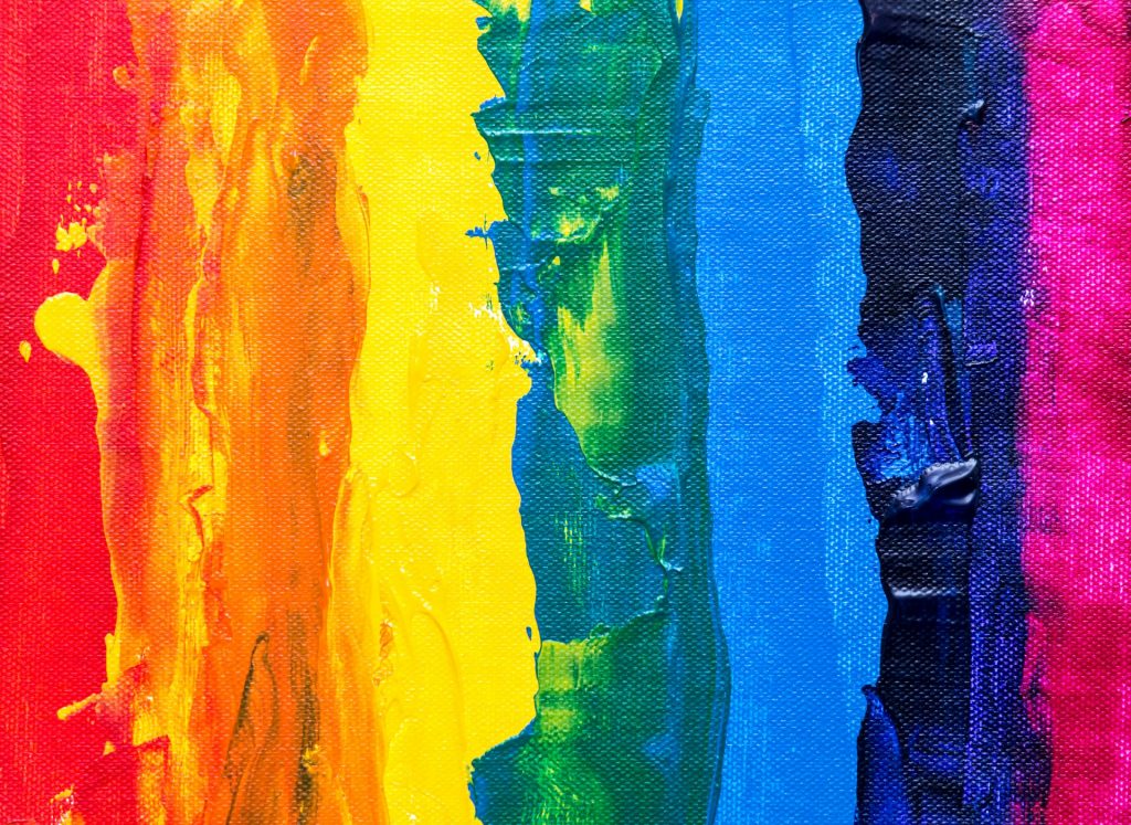 An oil painting on canvas of virtical stripes in the colours of the LGBTQ flag.