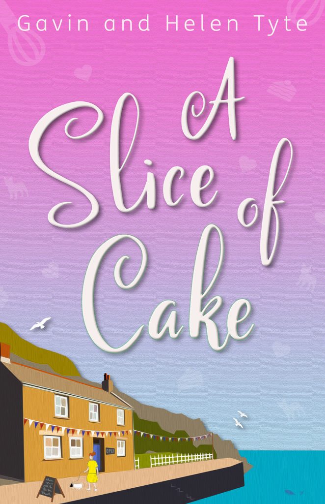 A Slice of Cake book cover showing a painted small cornish cottage on a jetty by the sea with a woman walking a white dog out front.