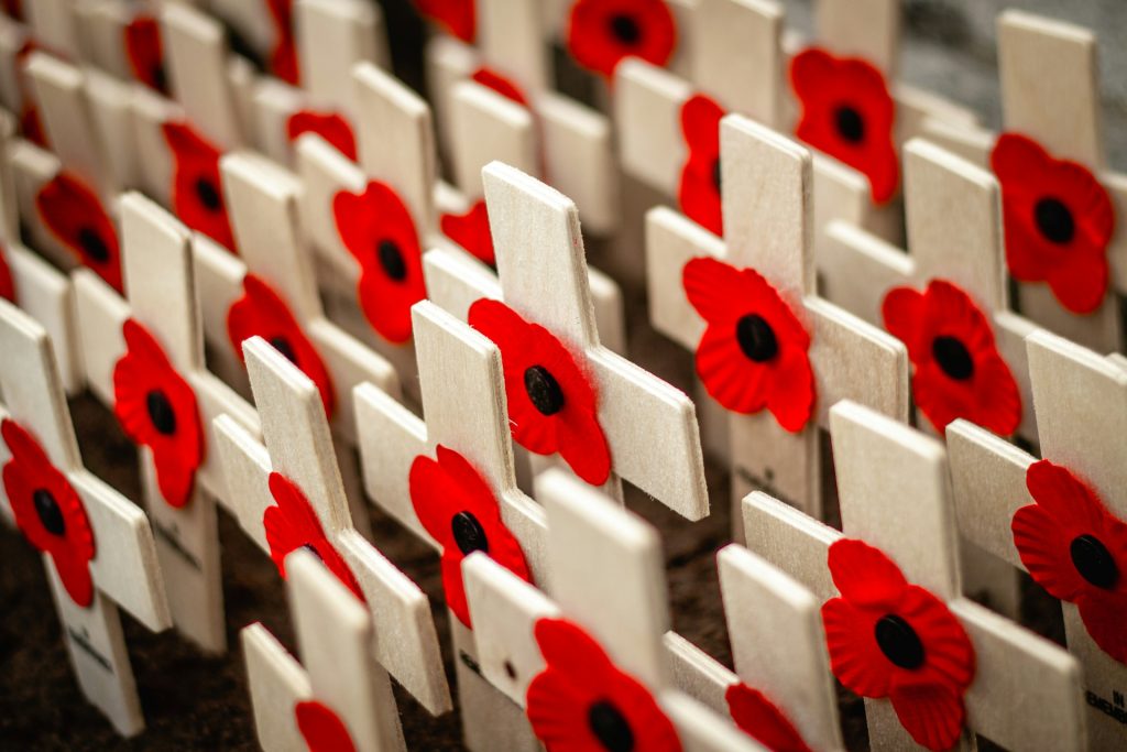 Rows of poppies attached to small wooden crosses ready to be given out at a service.