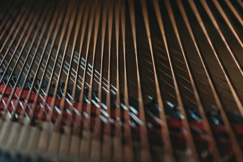 A close-up of strings inside a piano.